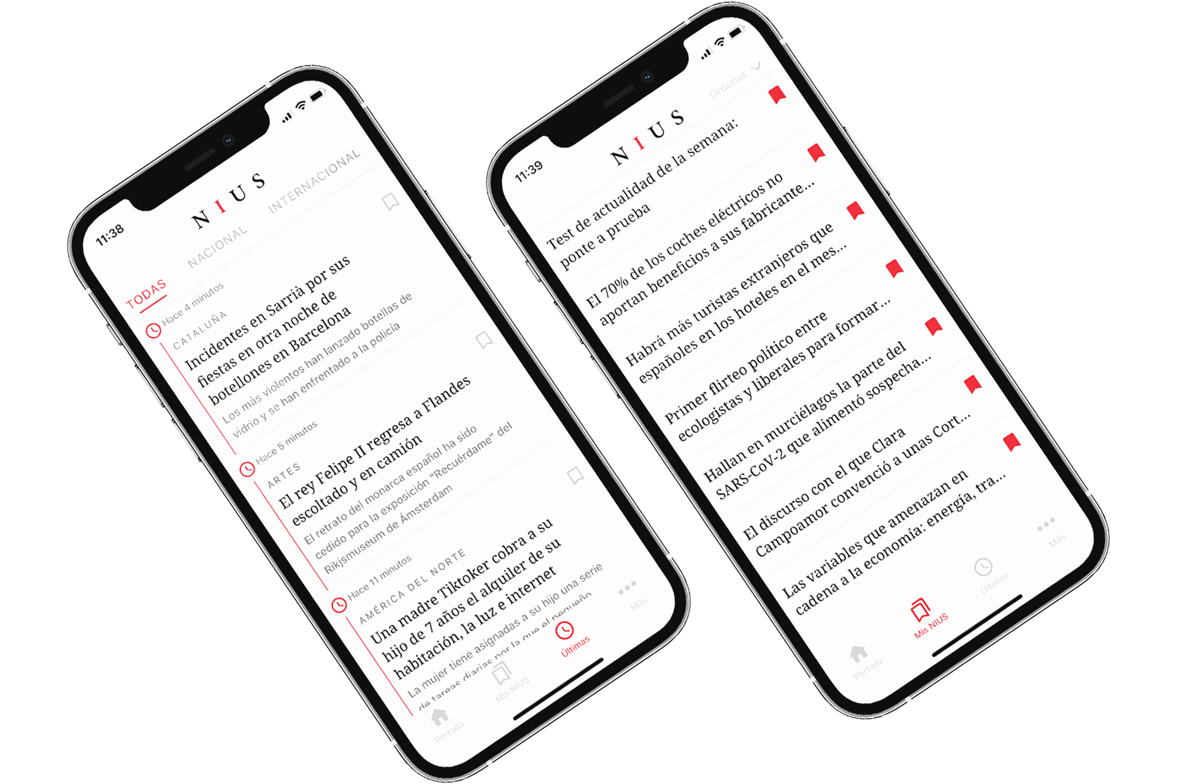 Sections view with saved articles and chronological feed